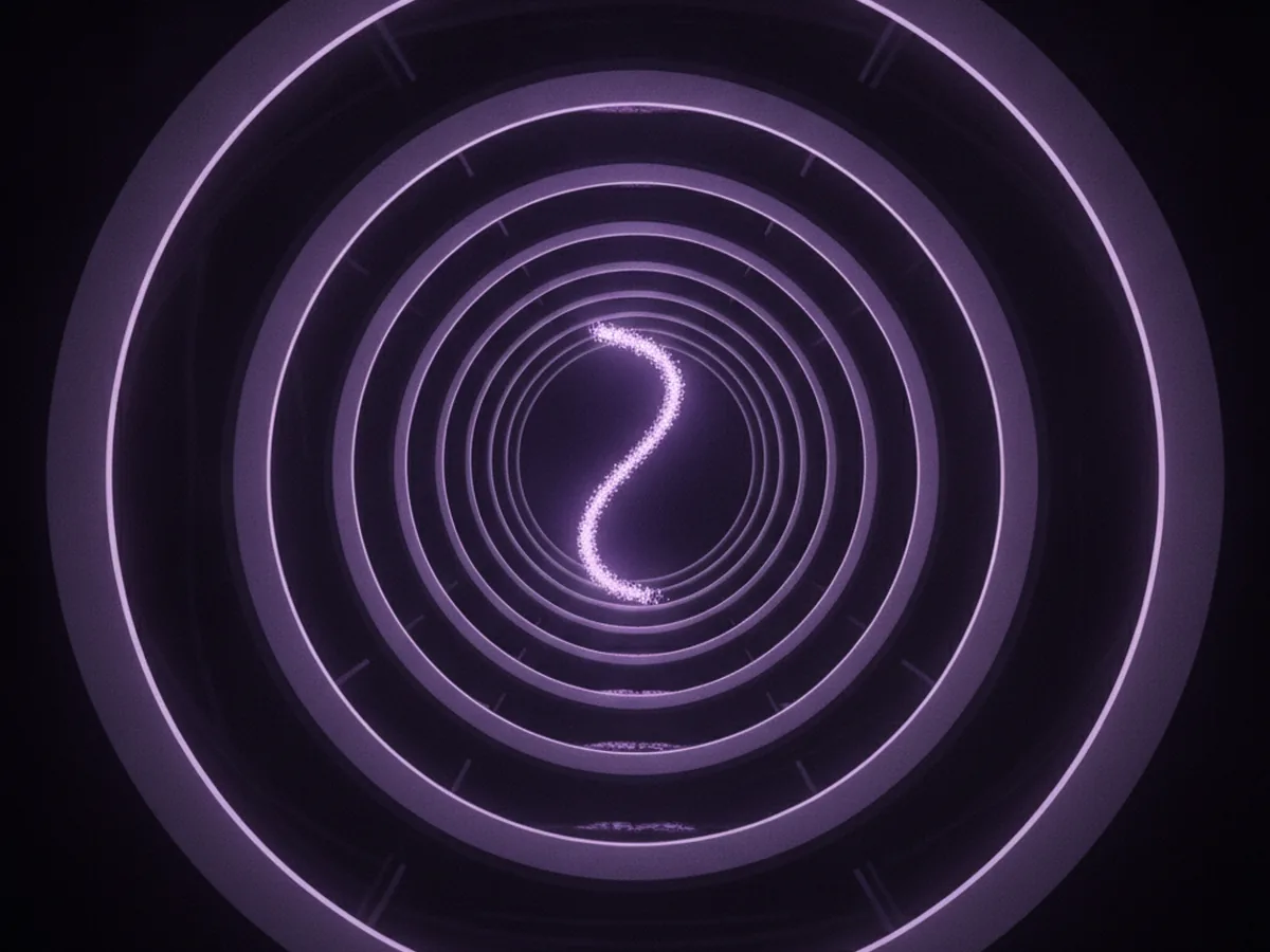 Illustration: a particle detector tunnel with a violet particle trail